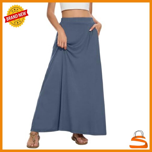 Maxi A-Line Skirt with Pockets, Elastic High Waist, Flowy Casual Style - Picture 3 of 6